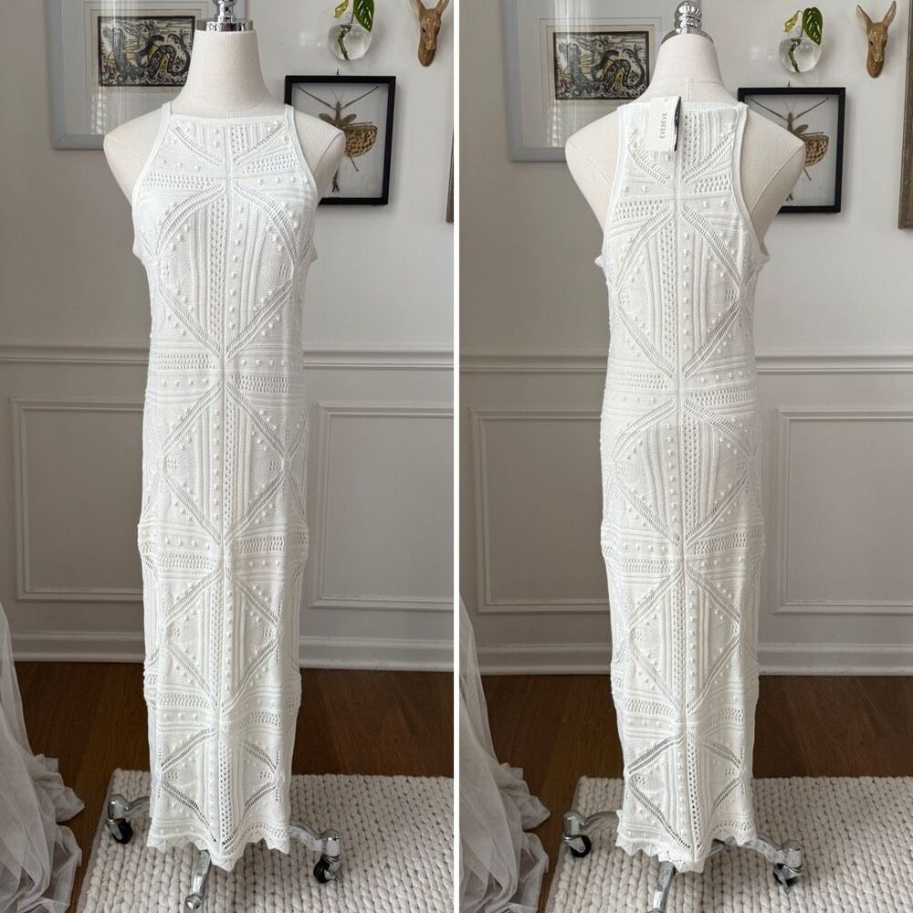 NWT 525 Fauxchet Crochet Midi Dress Ivory Evereve $178 S